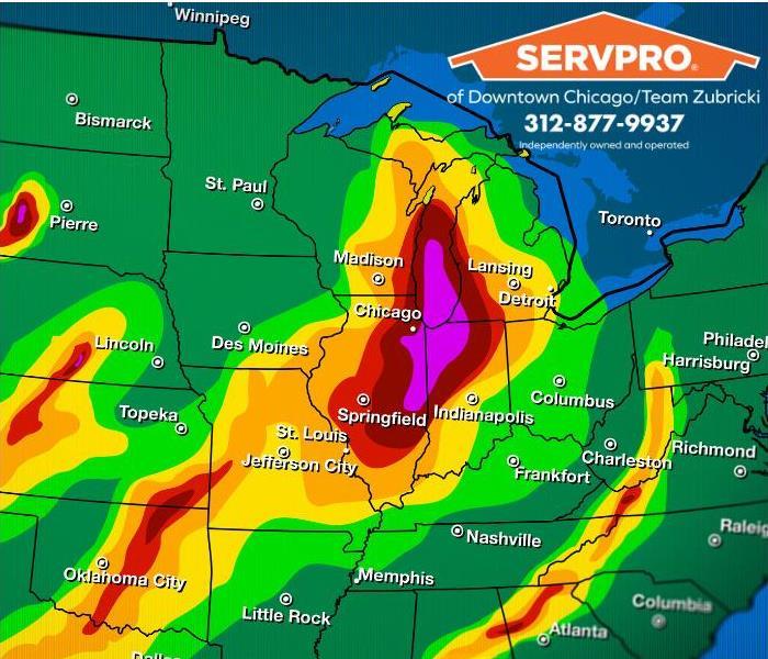 A severe weather map shows storm activity over Chicago and other parts of Illinois.